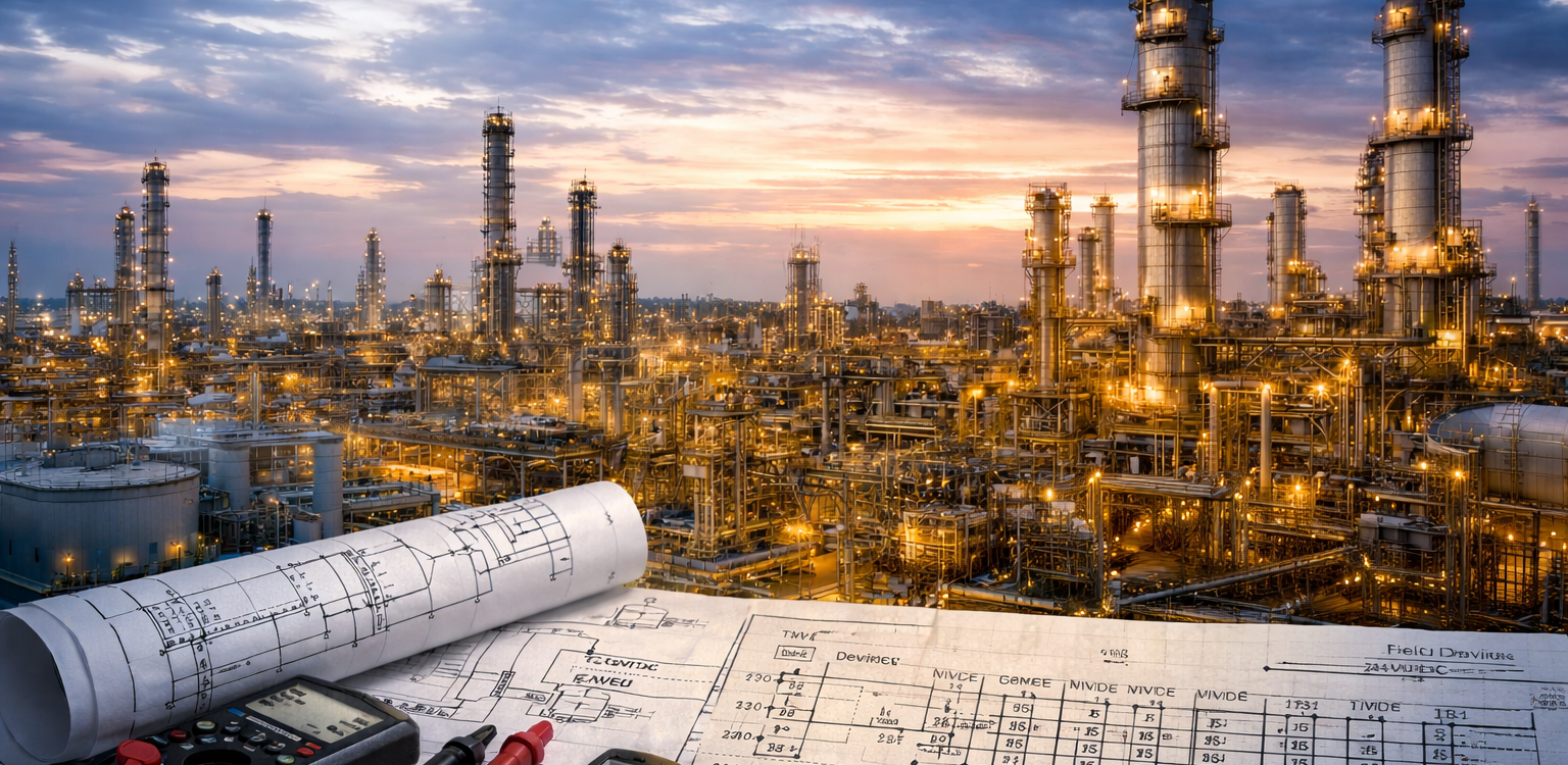 Industrial facility with overlaid P&ID, loop, and wiring diagrams representing electrical and instrumentation engineering design