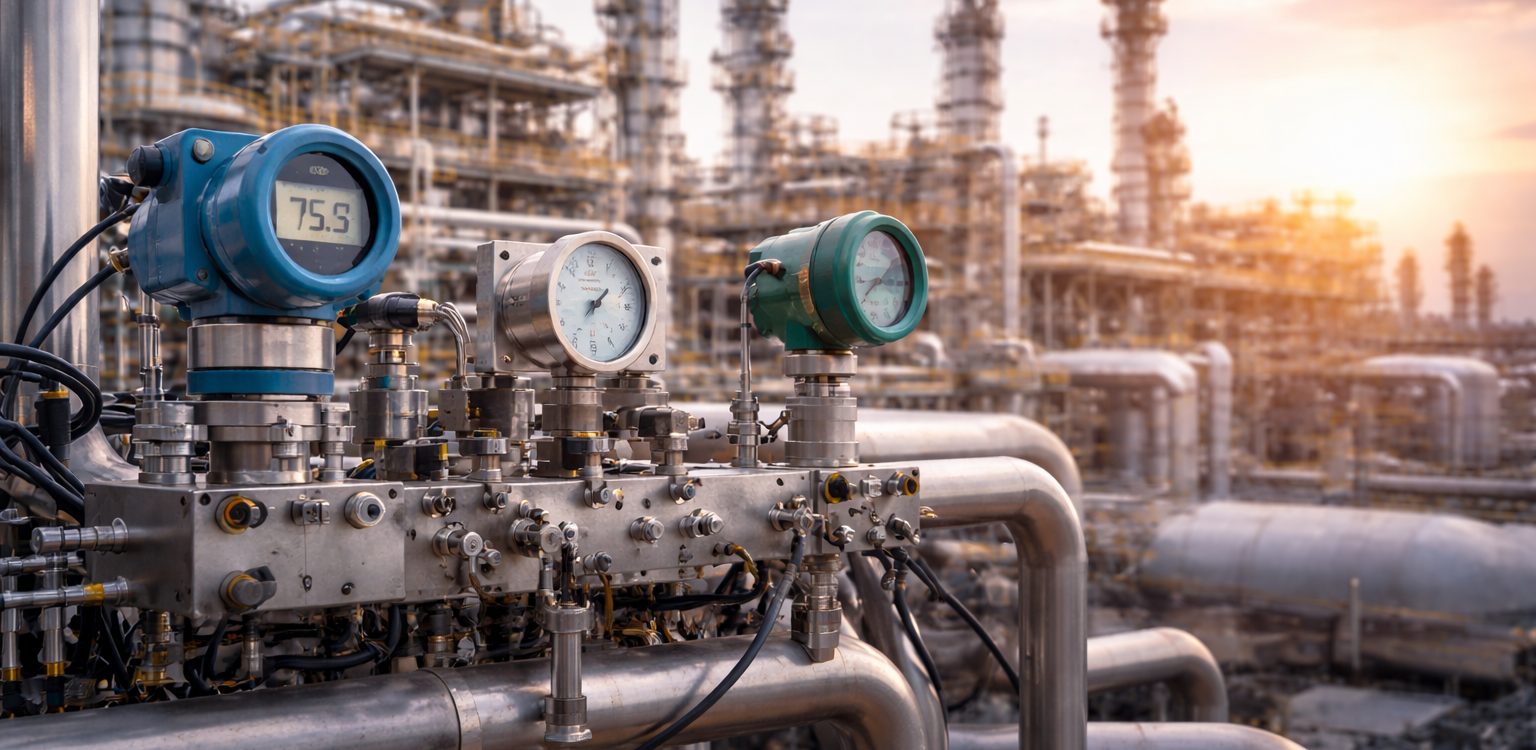 Close-up of industrial field instrumentation including pressure and flow transmitters installed on stainless steel piping at an oil and gas processing facility.