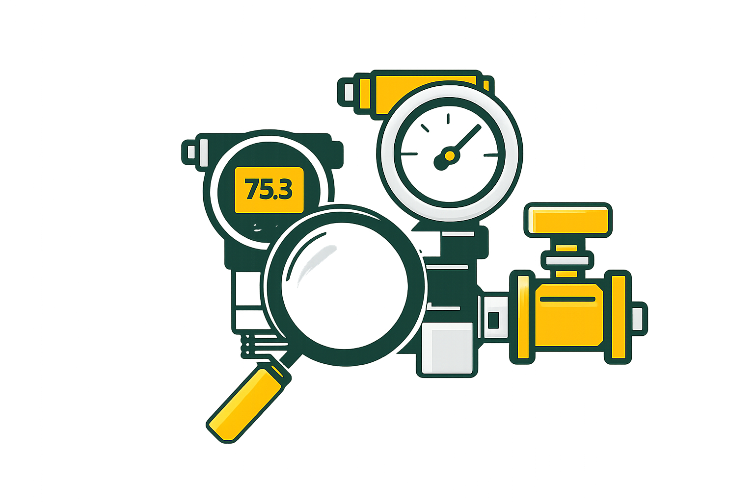 Icon representing field instrument selection and specification, including pressure, flow, and control devices.