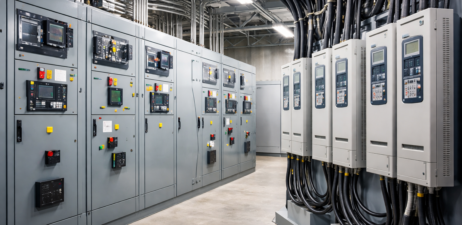 Industrial electrical room showing power distribution switchgear and VFD control panels integrated for motor control and automation systems