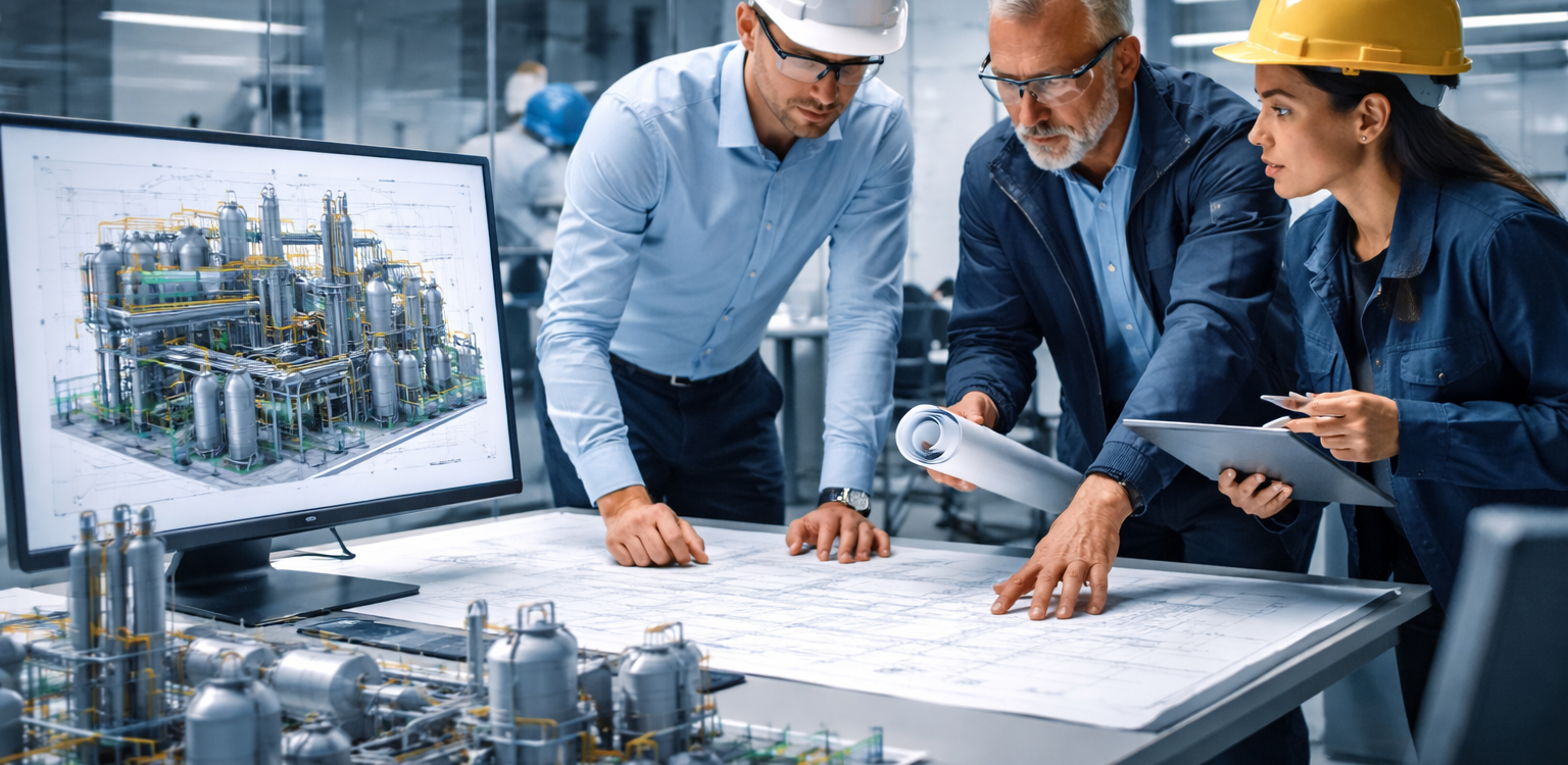Industrial engineers reviewing detailed as-built drawings and 3D CAD models for an industrial facility in a professional engineering office