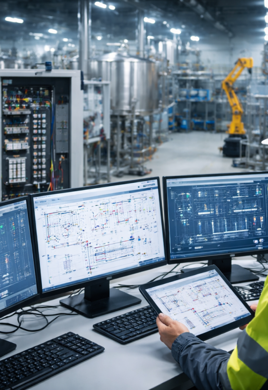 Industrial automation engineer monitoring PLC and SCADA systems inside a large manufacturing facility